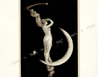 Vintage Moon Stars Art Print: Woman on Crescent Moon Reproduction