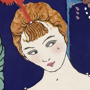 May include: An illustration of a woman with auburn hair and a red hair accessory. The woman has fair skin, rosy cheeks, and red lips. The background is a deep blue, with hints of other colours.