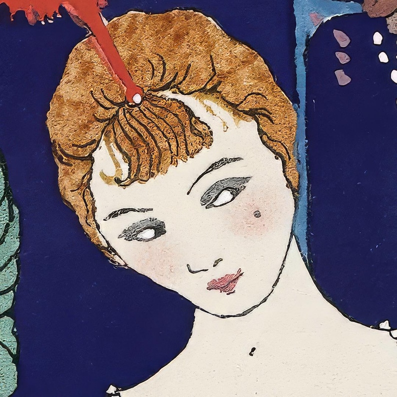 May include: An illustration of a woman with auburn hair and a red hair accessory. The woman has fair skin, rosy cheeks, and red lips. The background is a deep blue, with hints of other colours.
