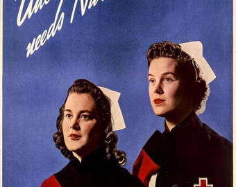 WWII Red Cross Nurse Poster, Uncle Sam Needs Nurses Print, Vintage Military Wall Decor, Historical Propaganda Art Giclee