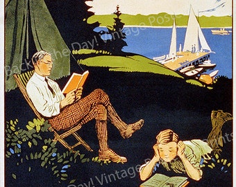 Camping, Reading, Vintage Reproduction Poster  "Take Along A Book!" -  c1910