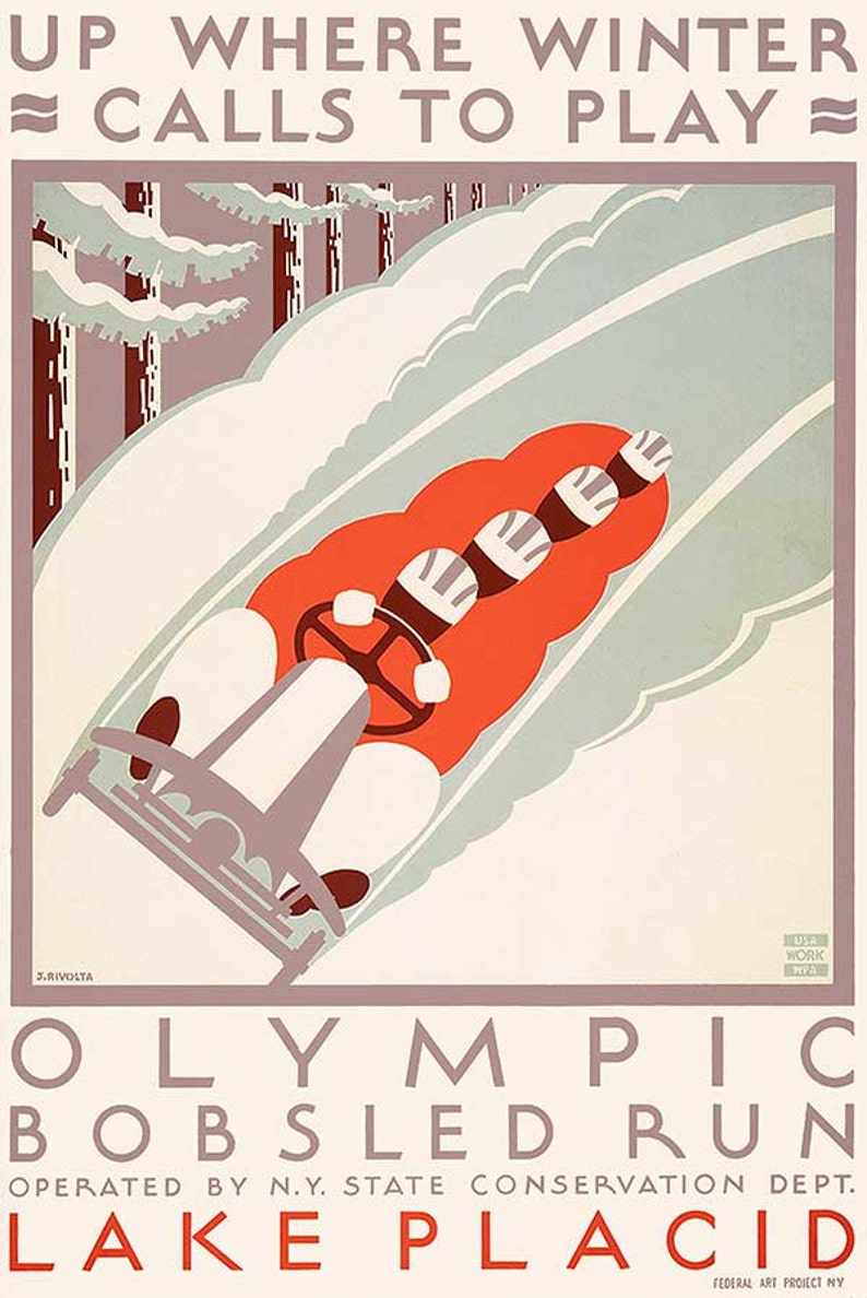 Winter Olympics, WPA Poster, Vintage Giclee Reproduction Poster Olympic Bobsled Run Lake Placid image 1