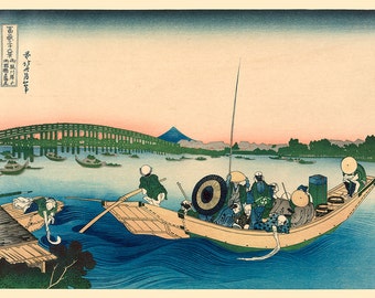Japanese Fine Art Reproduction of Vintage Print "Sunset across the Ryōgoku Bridge..." Giclée
