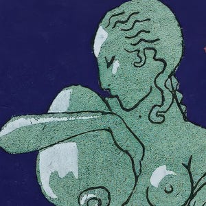 May include: An illustration of a figure in profile, in shades of green and white against a deep blue background. The figure appears to be embracing a rounded form, with details suggesting hair and a partial view of the body.