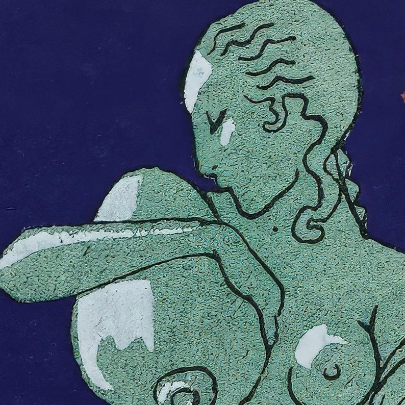 May include: An illustration of a figure in profile, in shades of green and white against a deep blue background. The figure appears to be embracing a rounded form, with details suggesting hair and a partial view of the body.