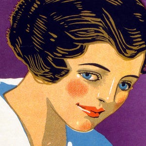 May include: A vintage-style illustration of a person with dark wavy hair, bright blue eyes, and rosy cheeks. The figure wears a white collar over a blue garment against a solid purple background, rendered in a classic graphic art print style.