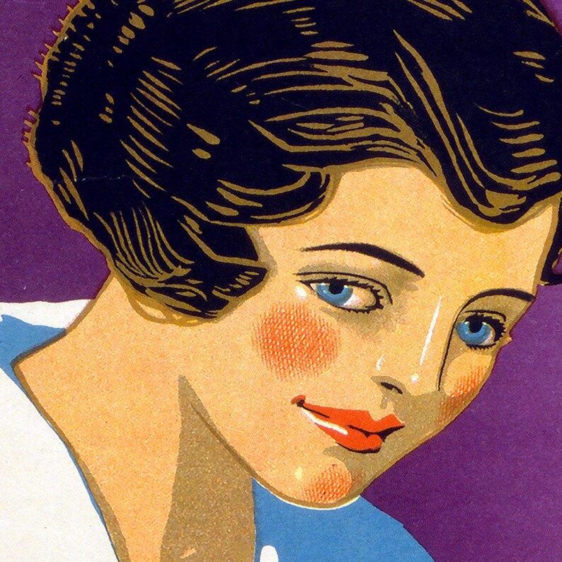 May include: A vintage-style illustration of a person with dark wavy hair, bright blue eyes, and rosy cheeks. The figure wears a white collar over a blue garment against a solid purple background, rendered in a classic graphic art print style.
