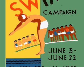 WPA Learn to Swim Poster, Vintage Digital Download, Retro Wall Art, Instant Printable Poster