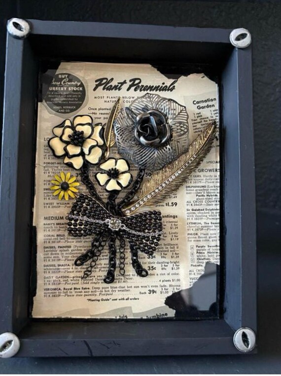 Vintage Brooch Bouquet Shadow Box Art: Black Floral Jewelry UK