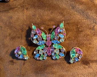 Rare Regency Vintage butterfly brooch with matching clip-on earrings and uranium glass