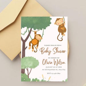 Invitación digital editable para baby shower de mono