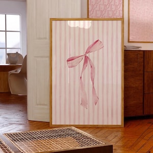 Watercolor Pink Bow Print - Aesthetic Ribbon Art - Feminine Pastel Wall Decor - Cute Girly Nursery Poster - Soft Pink Striped Background