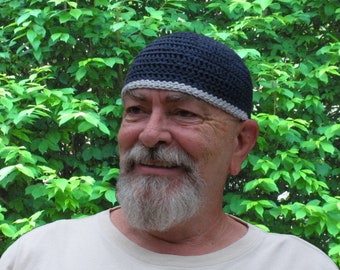 Mens Cotton Skullcap Cooling Cap™ Crocheted in Navy Blue + Optional Bands