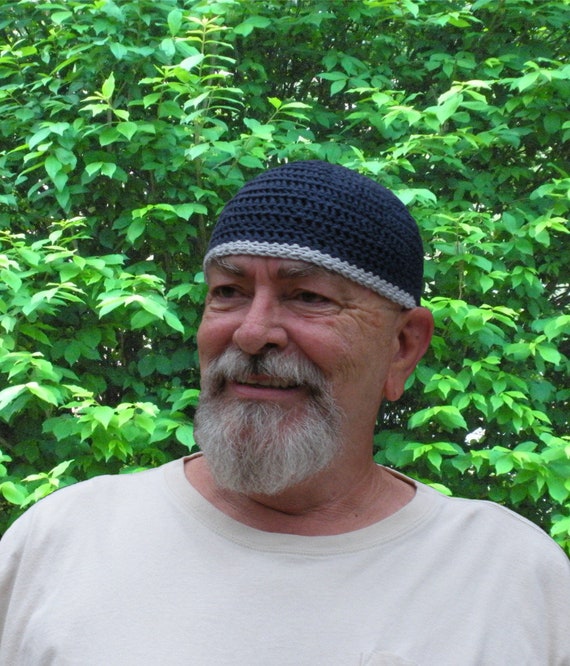 Mens Cotton Skullcap Cooling Cap™ Crocheted in Navy Blue Optional Bands 