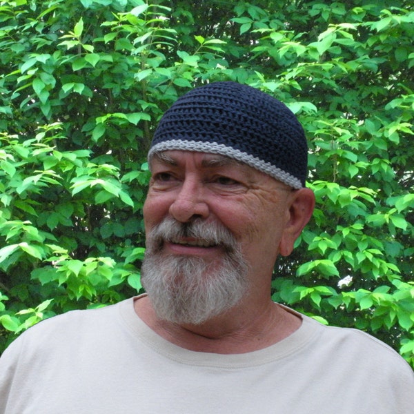 Mens Cotton Skullcap Cooling Cap™ Crocheted in Navy Blue + Optional Bands