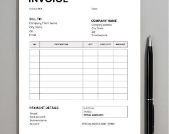 May include: A blank invoice template with the title "INVOICE" in bold black letters. The document includes fields for company and client information, item descriptions, quantities, unit costs, and payment details. A black pen rests on the right side.