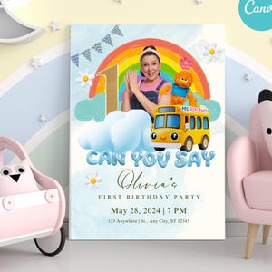 Invitation modifiable premier anniversaire MS RACHEL Boy, fête Mme Rachel, bannières Mme Rachel, anniversaire Mme Rachel