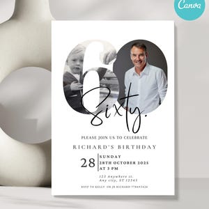 Faire-part 60e anniversaire modifiable avec photo | Téléchargement imprimable Invitations fête 60e anniversaire | Remplacer par une invitation d'anniversaire avec photo