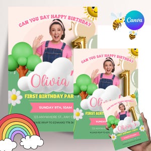 Editable Canva Ms Rachel first Birthday Invitation, Personalized Digital Kids Birthday, Printable Template, Customizable Party Invite