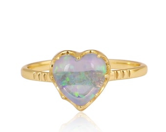 Blue Fire Opal Heart Ring – 9K Gold Sterling Silver, Vintage Inspired Solitaire Cabochon