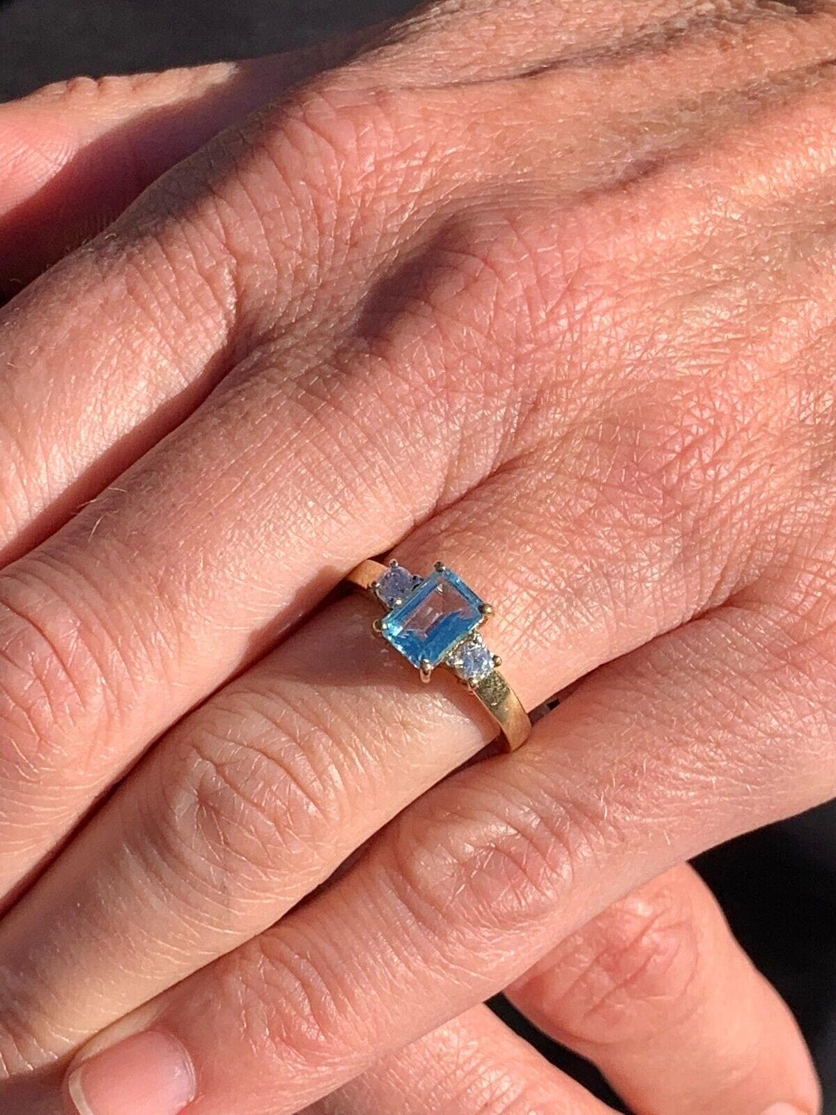 9ct Gold Blue Topaz Vintage Ring Emerald Cut Three Stone 9k 375