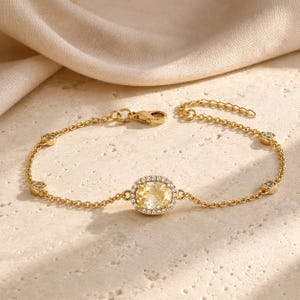 18K Gold Plated Coloured Cubic Zirconia Bracelet, Oval Halo Bracelet, Adjustable Birthstone Jewellery, Dainty Gift for Her