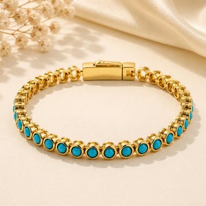 Handcrafted 18K Gold Plated Turquoise Tennis Bracelet, Sparkly Blue Gemstone Bracelet, Dainty Gold Bracelet, December Birthstone Gift