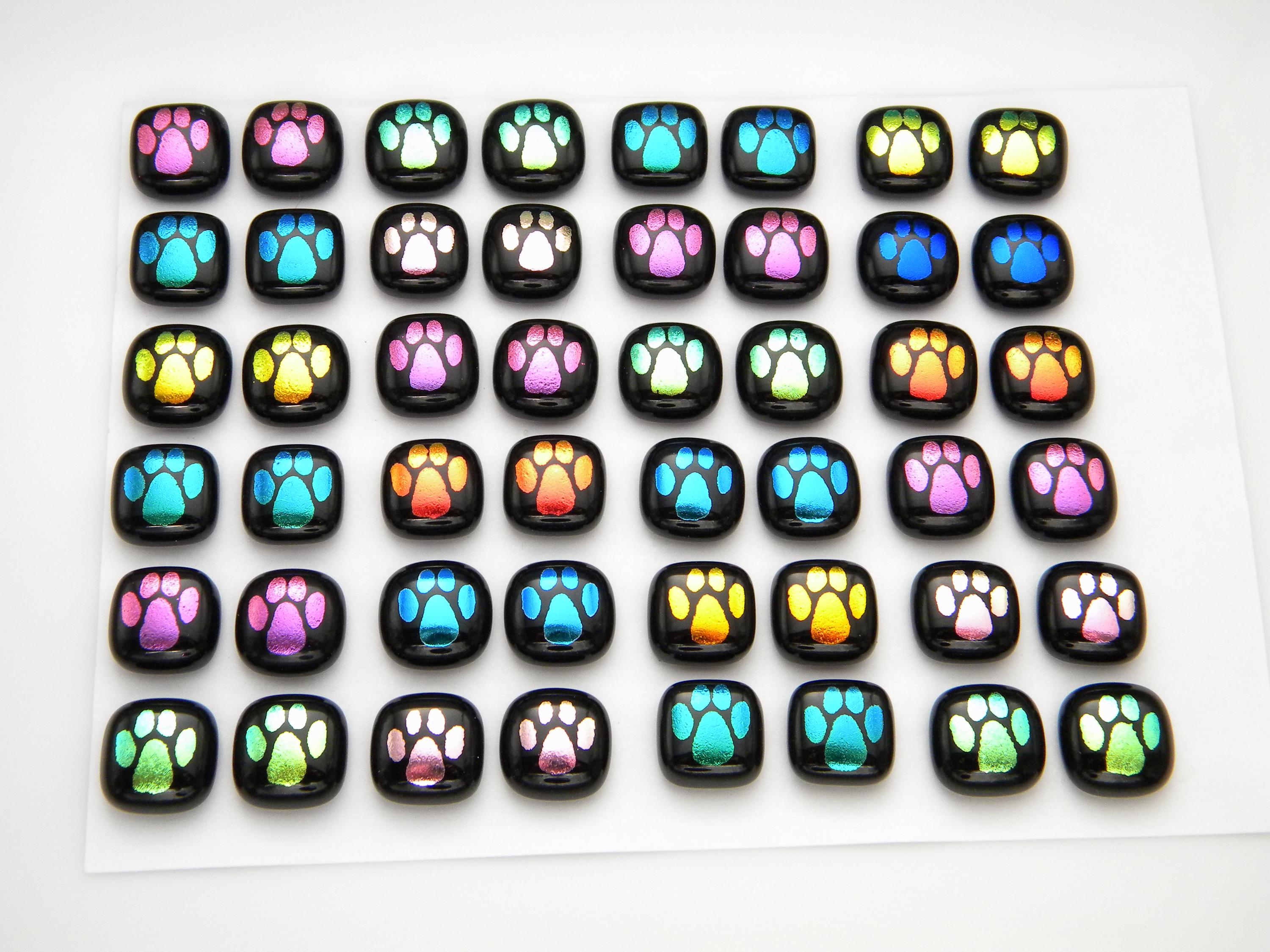 PAWPRINT paw print set of 48 Dichroic fused glass cabs cabochon handmade SYG18 for earrings, dog or cat collars mosaics encaustic painting