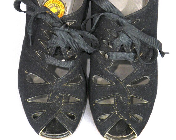 Vintage 1940s Black Suede Peep Toe Pumps, Gold Cross Shoes, 40s Shoes, Film Noir