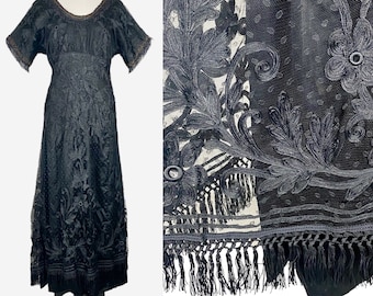 Antique 1910s Titanic Era Black Tape Lace Dress, Edwardian Evening Dress, Medium Large