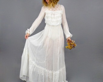 Vestido de niña Gibson de la década de 1900, vestido eduardiano de encaje de punto suizo de algodón blanco antiguo, blusa eduardiana de 2 piezas y falda entrenada