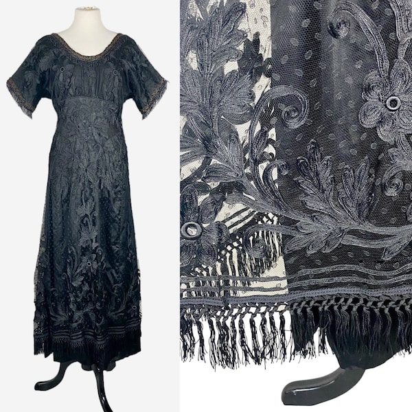 Antique 1910s Titanic Era Black Tape Lace Dress, Edwardian Evening Dress, Medium Large