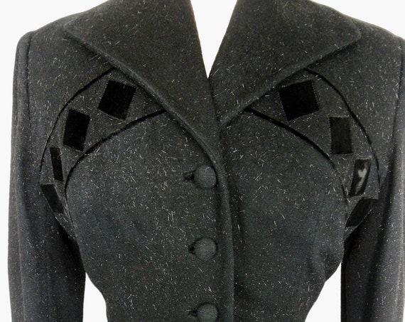Vintage 1940s Lilli Ann Black Wool Velvet Diamond Jacket with Silver Flecks, New Look 40s Blazer Jacket, Medium 38 Bust