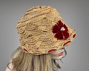 Vintage 1930s Straw Cloche Bucket Hat with Red Velvet Trim, 30s Hat