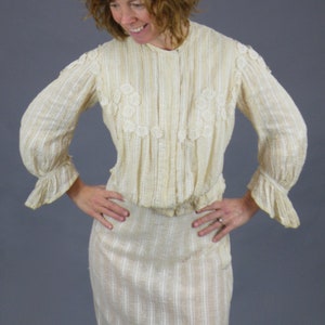 1900s Gibson Girl Dress, Antique Edwardian Lace Appliqué Striped Linen Blouse and Skirt Set, XS S image 1