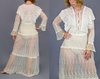 Antique Edwardian Net Lace Dress, 1910s Floral Embroidered Net Mixed Lace Dress, Vintage Wedding Dress, XS