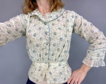 Antique Calico Blouse, 1910s Blue Roses Print Edwardian Prairie Blouse, XS