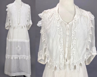 Edwardian Embroidered Dress, Antique 1910s Sheer White Cotton Lingerie Dress, Medium 28" Waist