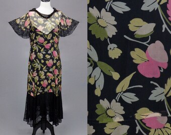 Vintage 1930s Sheer Floral Dress, 30s Dress, Lace Trim Flutter Sleeve 30s Gown, M/L - Large