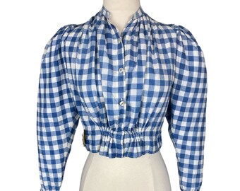 1890s Leg of Mutton Sleeve Victorian Blouse, Antique Blue White Check Cotton Blouse, Gigot Sleeves Small 26 - 27 Waist