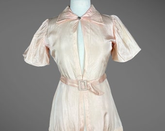 HOLD Vintage 1930s 40s Pink Peplum Top with Quilted Collar & Hem, Keyhole Peplum Blouse