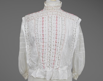 Antique White Cotton Lace Blouse, 1900s Edwardian Blouse, Embroidered Eyelet Cutouts with Ribbon, S/M