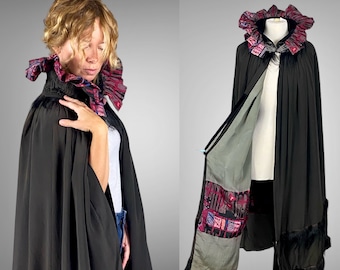 Vintage 1920s Silk Opera Cape, 20s Flapper Coat, Geometric Batik Print Cloak with Rhinestone Deco Clasp and Ruching