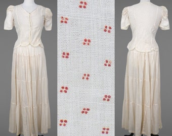 1940s Sheer Cotton Dress Set, Vintage 40s Maxi Skirt and Puff Sleeve Top, Medium