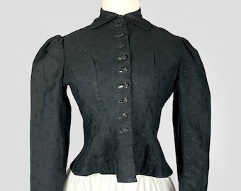 Victorian 1890s Bodice Jacket, Antique Black Textured Wool Crepe Jacket with Fancy Buttons, XS - S