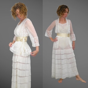 1910s Net Lace Dress, Antique Edwardian Tiered White Net Dress with Silk Waistband, XXS
