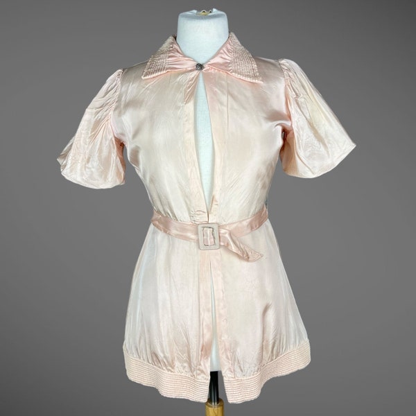 HOLD Vintage 1930s 40s Pink Peplum Top with Quilted Collar & Hem, Keyhole Peplum Blouse