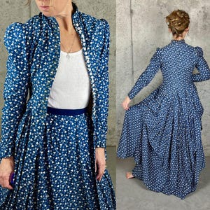 Rare Antique 1870s 1880s Indigo Blue Printed Cotton Polonaise Dress Ensemble: Bodice Jacket & Skirt, Victorian Blue Calico Dress Set, XXS