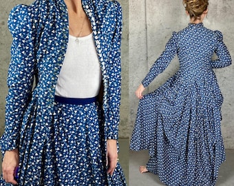 Rare Antique 1870s 1880s Indigo Blue Printed Cotton Polonaise Dress Ensemble: Bodice Jacket & Skirt, Victorian Blue Calico Dress Set, XXS