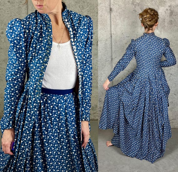 Rare Antique 1870s 1880s Indigo Blue Printed Cotton Polonaise Dress Ensemble: Bodice Jacket & Skirt, Victorian Blue Calico Dress Set, XXS